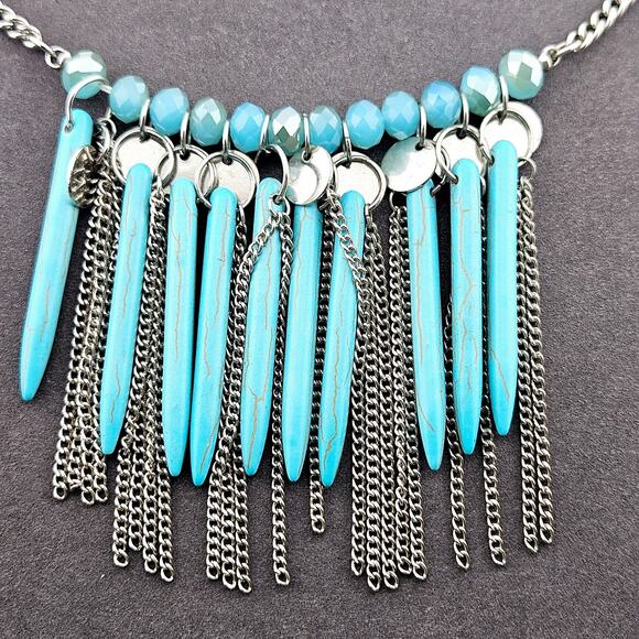 Turquoise & Silver Tone Beaded Tassel Statement Necklace Southwestern Cowgirl - Picture 2 of 4